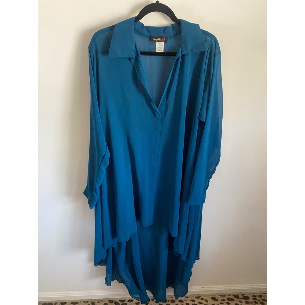 Sexy Diva Teal Blue Sheer High Low Tunic Blouse V-Neck Made in USA 3XL 1874